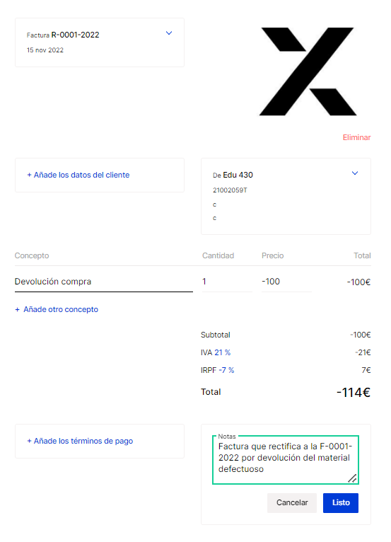 Ejemplo factura rectificativa Taxfix