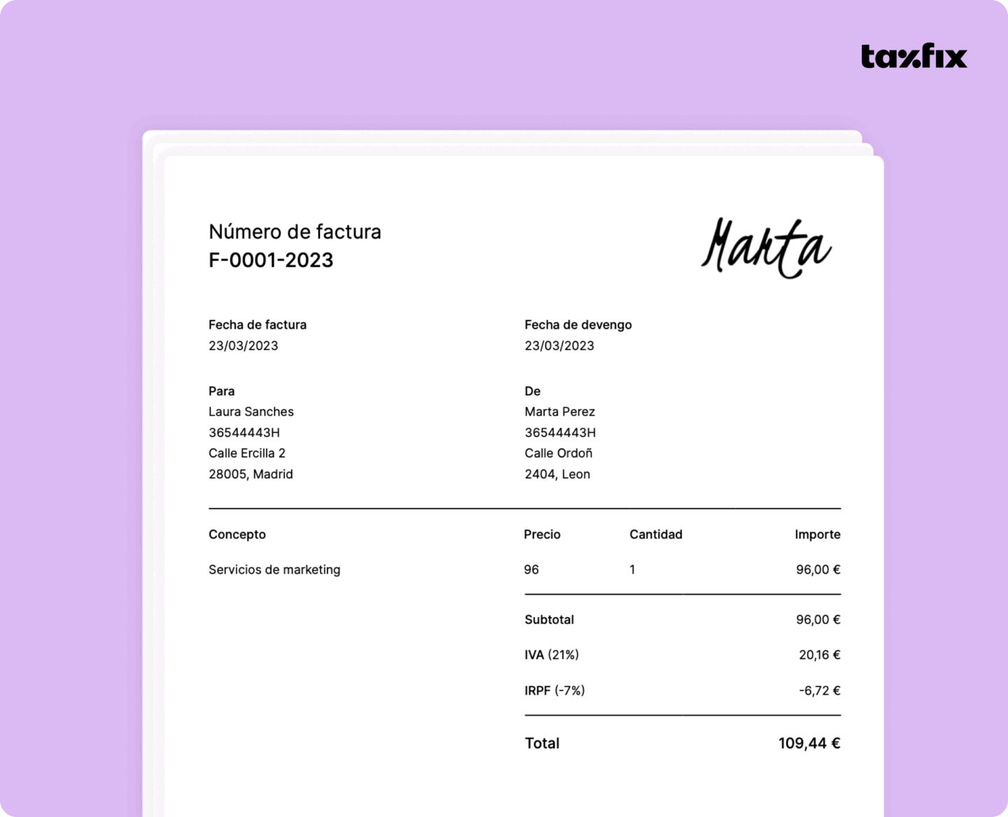 Un ejemplo de una factura de autónomo en la plataforma de Taxfix