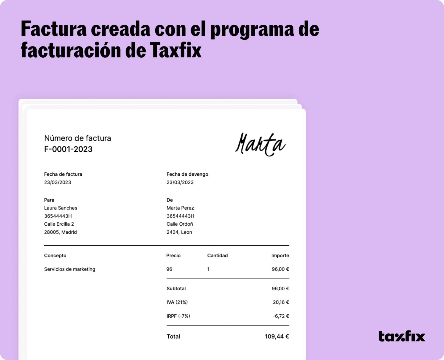 Ejemplo de factura creada con el sistema de facturación de Taxfix