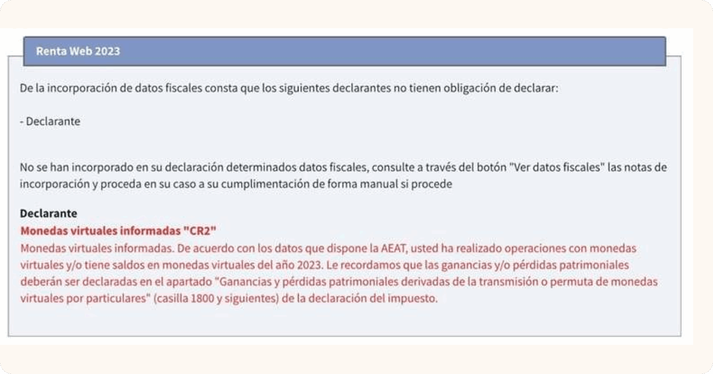 Mensaje de criptomonedas que aparece al hacer la declaración de la renta (monedas virtuales informadas CR2)